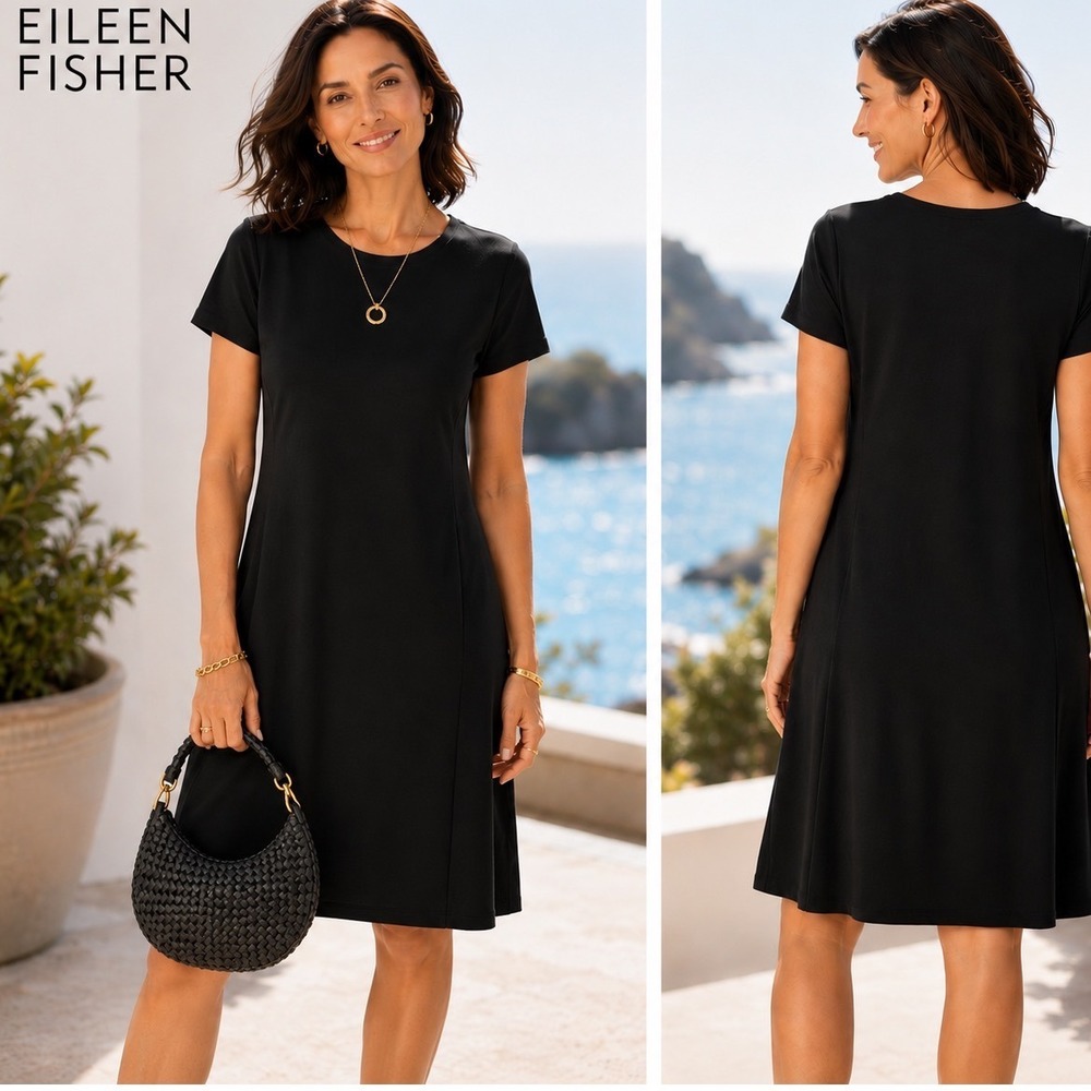 Eileen Fisher Dress Women M Black Viscose Stretch Short Sleeve Shift A-Line Crew
